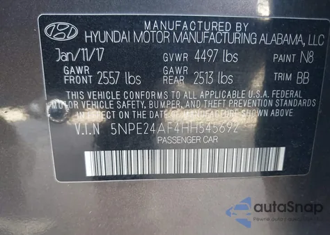 2017 Hyundai Sonata from USA, damaged, VIN 5NPE24AF4HH545692